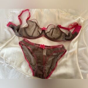 Claudette Sheer Brown and Pink Lace Trim Bra & Bikini Set